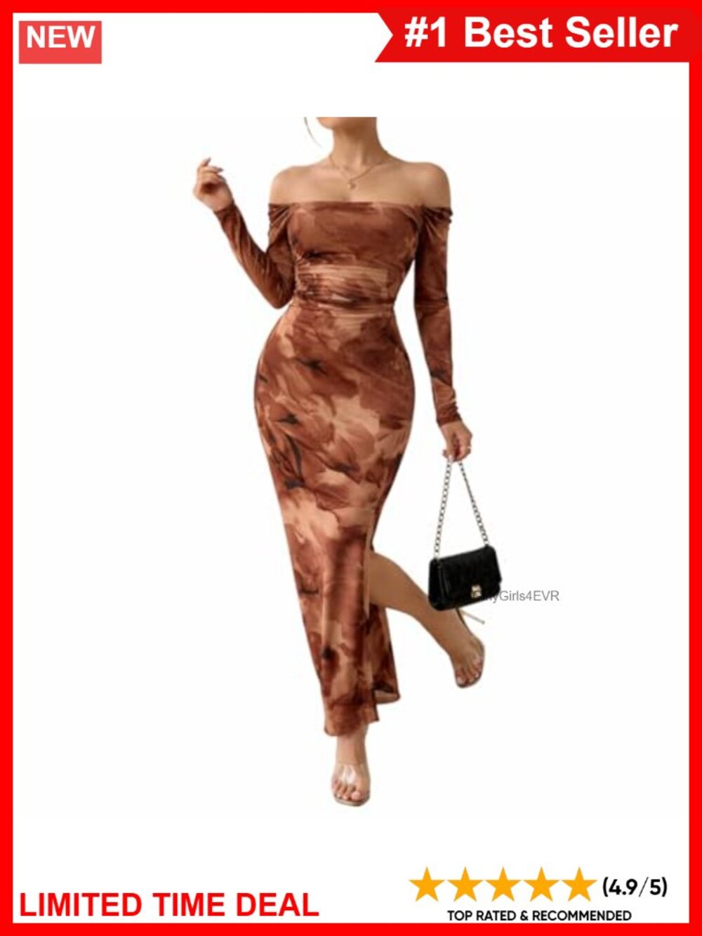 Off Shoulder Long Sleeve Ruched Bodycon Maxi Dress Mesh Side Slit